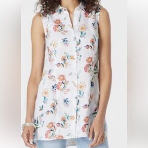 J. Jill Love Linen Sleeveless Floral Button‎ Up Blouse Womens Sz Medium White